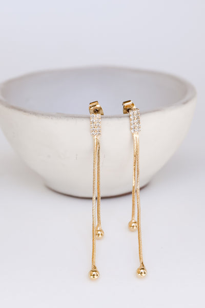 Gold Rhinestone Ball Chain Drop Earrings close up