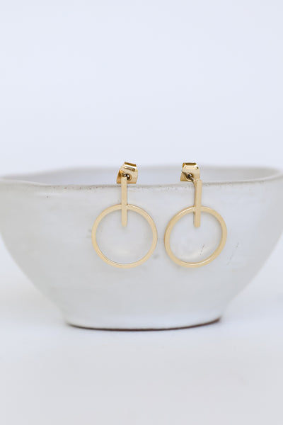 Gold Mini Circle Drop Earrings close up