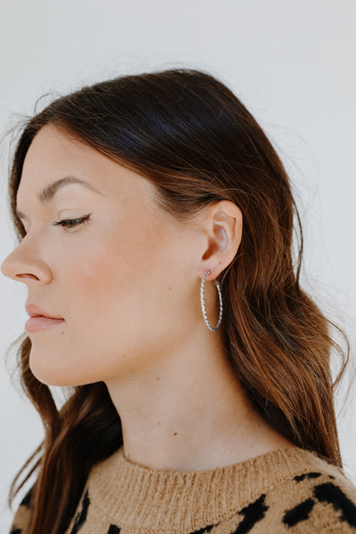 Textured Small Hoop Earrings on model in silver