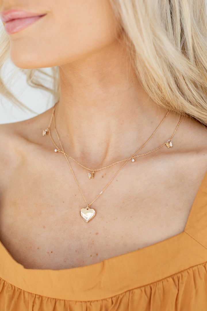 Gold Butterfly + Heart Layered Necklace