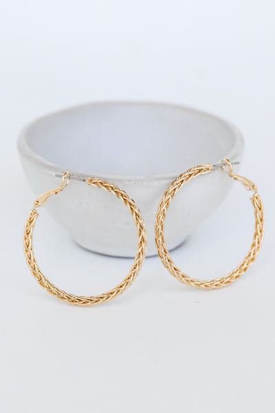 Gold Braided Hoop Earrings close up