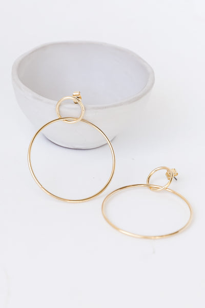 Gold Circle Drop Earrings close up