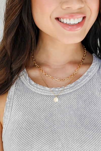 Gold Coin Layered Necklace on model