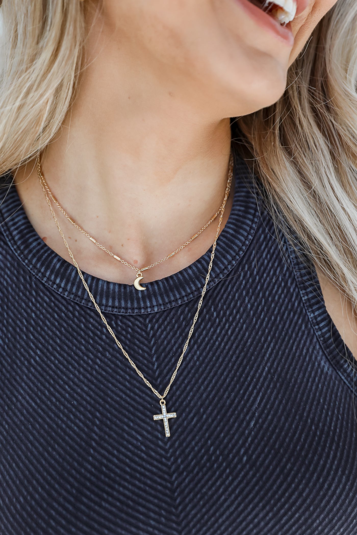 Gold Moon + Cross Layered Necklace on model