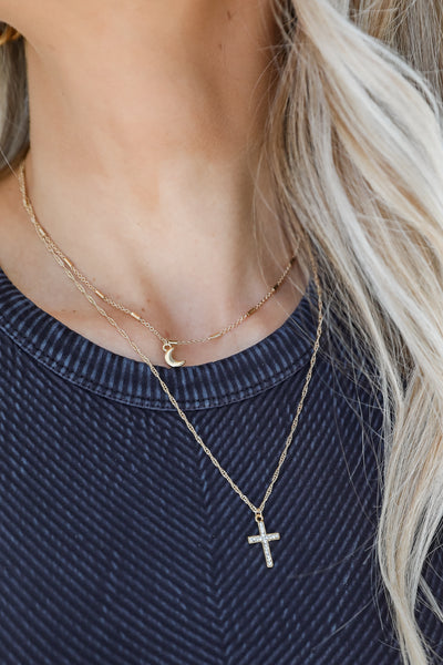Gold Moon + Cross Layered Necklace