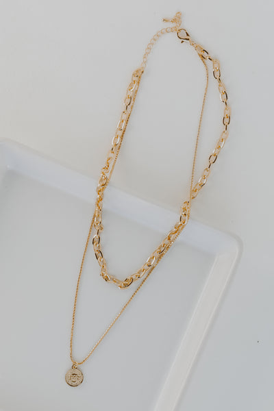 Gold Coin Layered Necklace flat lay