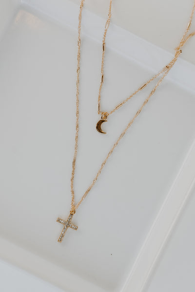 Gold Moon + Cross Layered Necklace from dress up