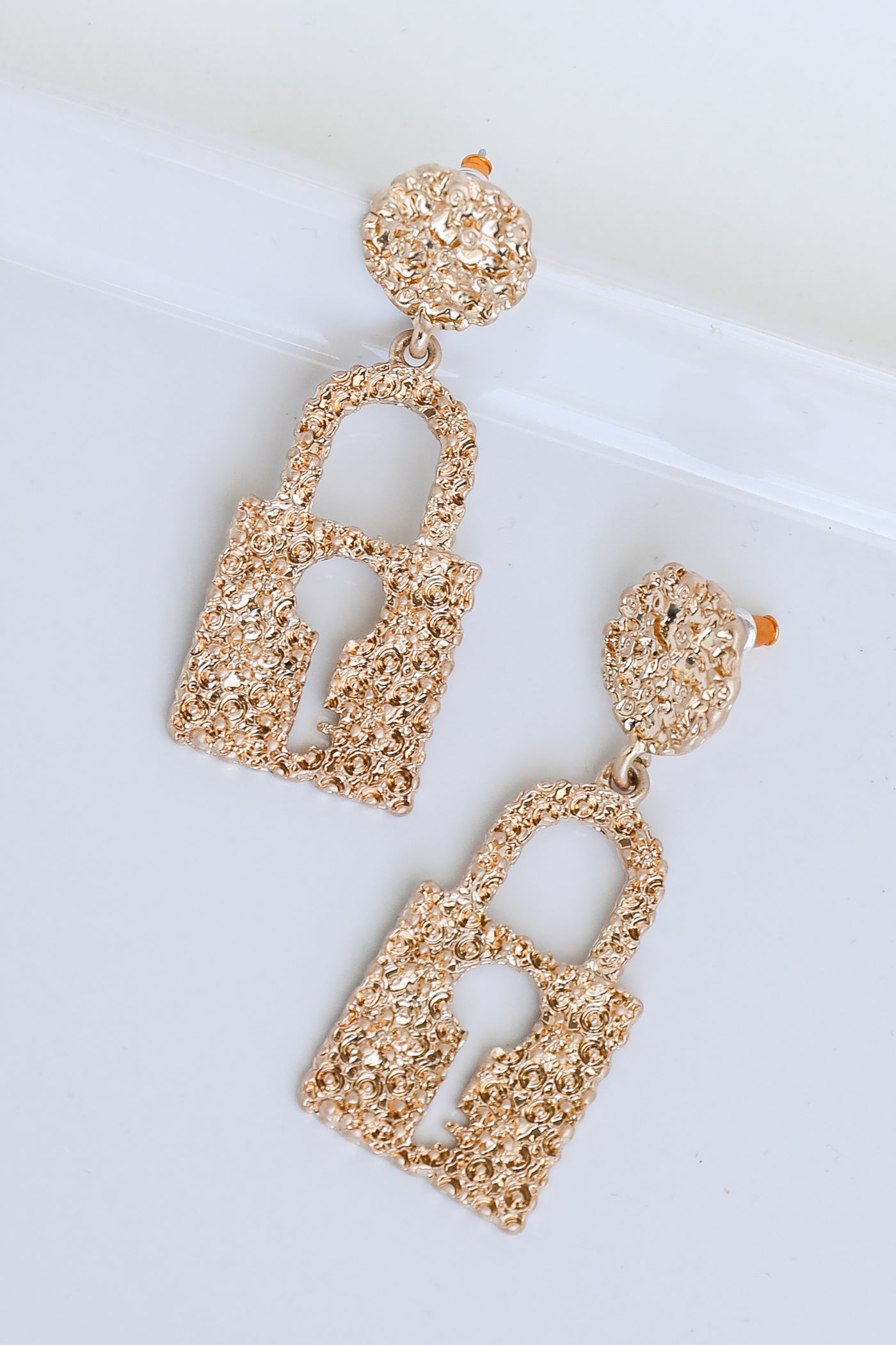 Gold Hammered Padlock Drop Earrings from dress up