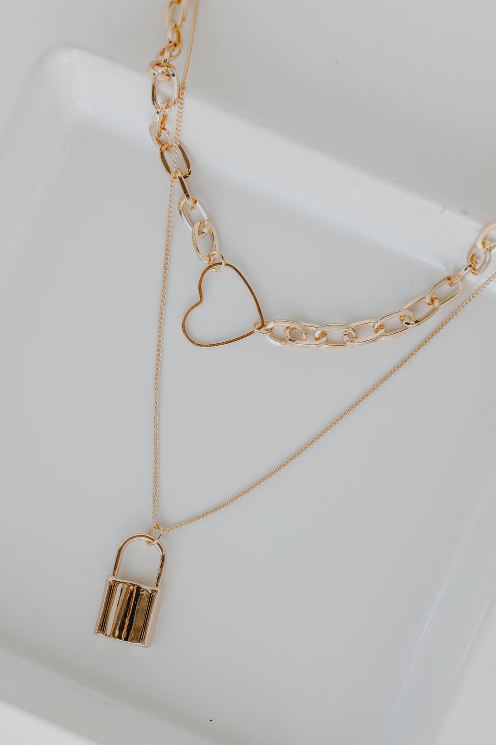 Gold Heart + Lock Layered Necklace from dress up