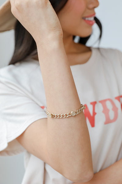 Gold Smiley Face Chain Bracelet on model