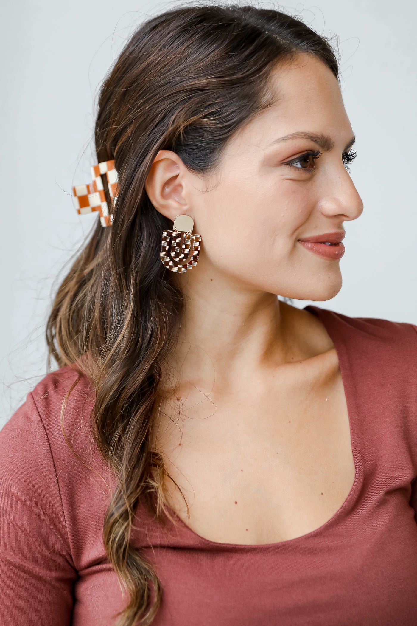 brown Acrylic Drop Earrings on model