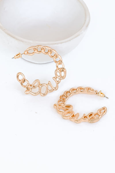 Gold Love Hoop Earrings close up