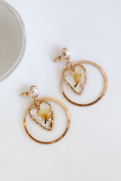 Gold Pearl + Heart Statement Earrings flat lay