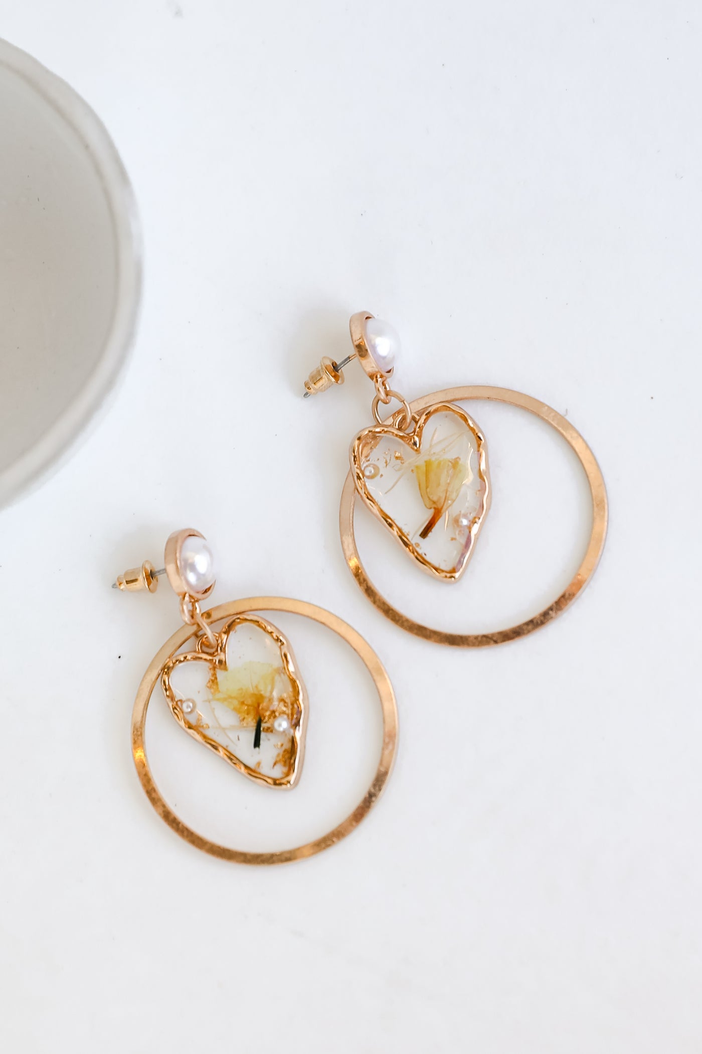 Gold Pearl + Heart Statement Earrings close up