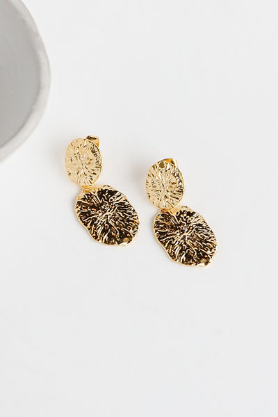 Gold Hammered Drop Earrings close up