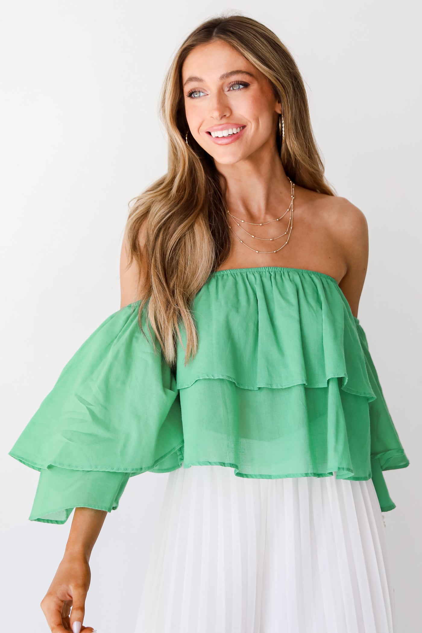 green Off-The-Shoulder Blouse front view