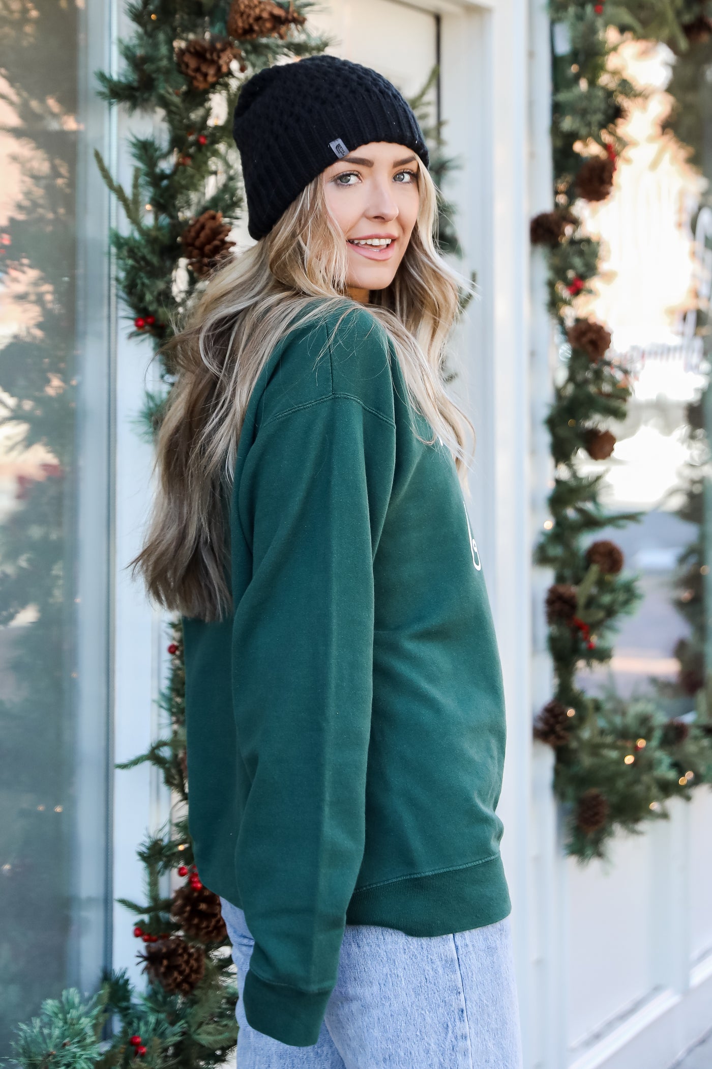 Hunter Green Merry And Bright Pullover side view