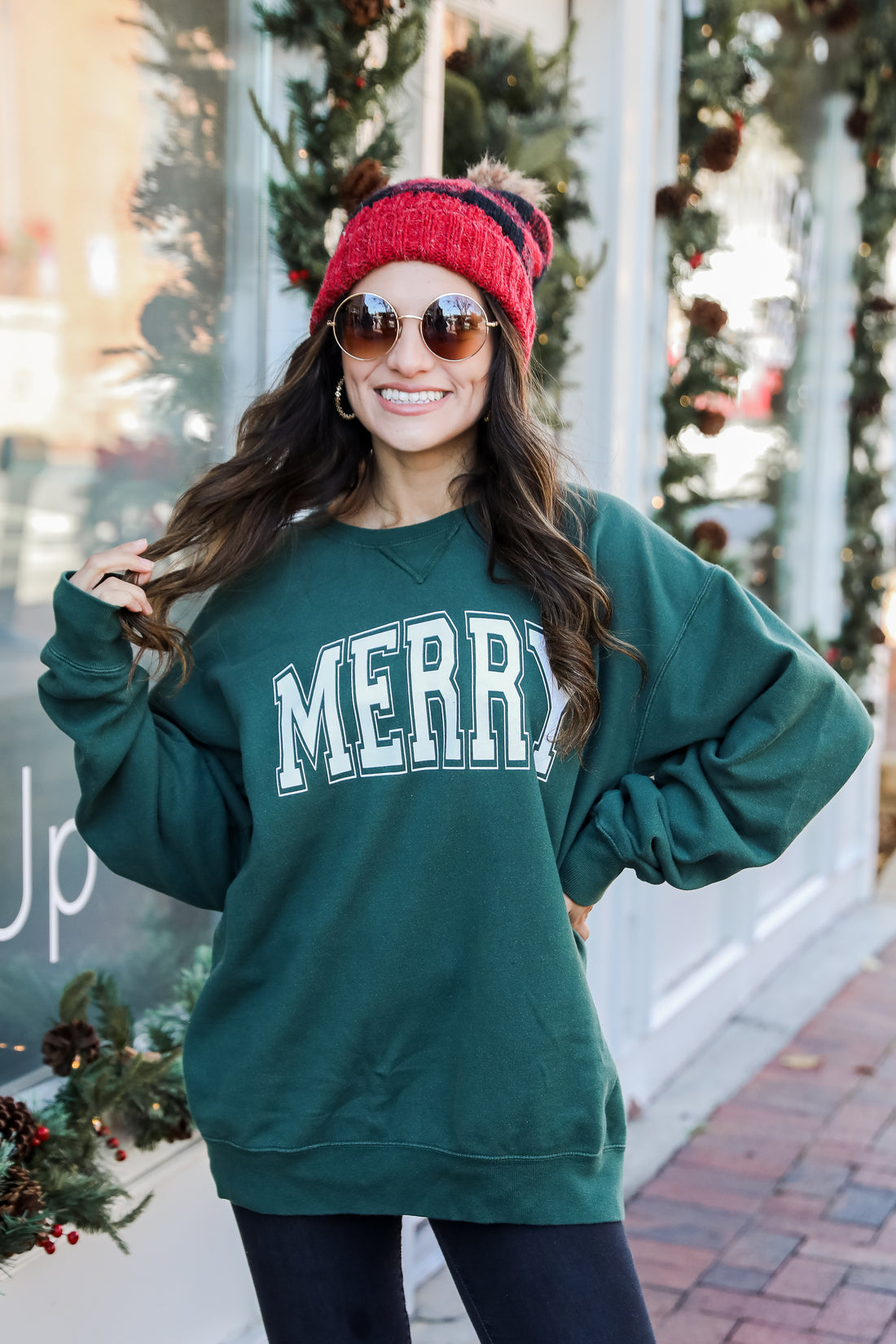 Hunter Green Merry Pullover. Christmas Graphic Sweatshirt. Trendy Christmas Sweatshirt