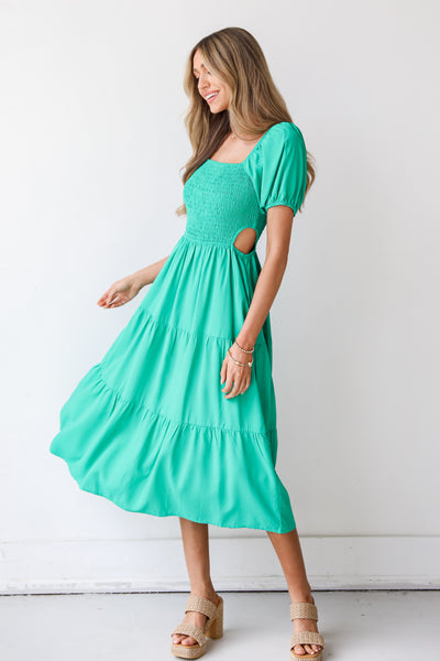 kelly green Smocked Cutout Midi Dress on model