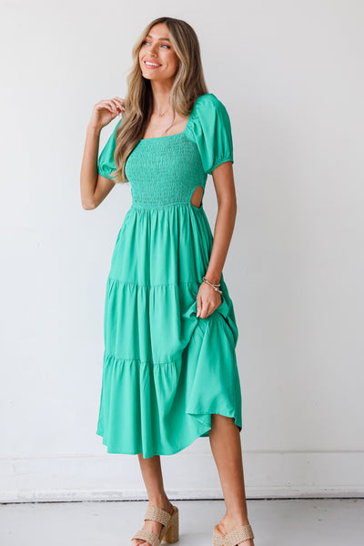 kelly green Smocked Cutout Midi Dress