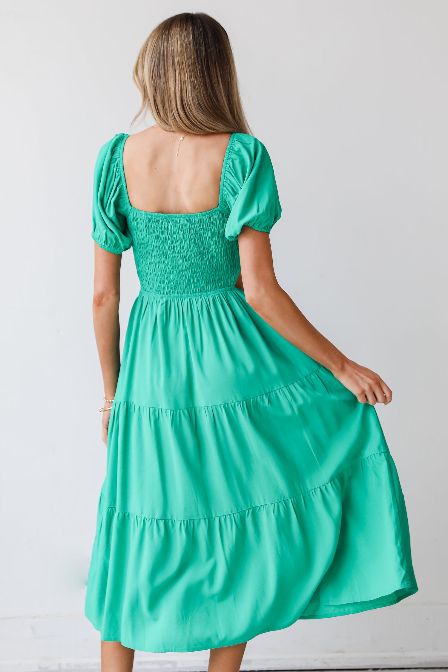 kelly green Smocked Cutout Midi Dress back view