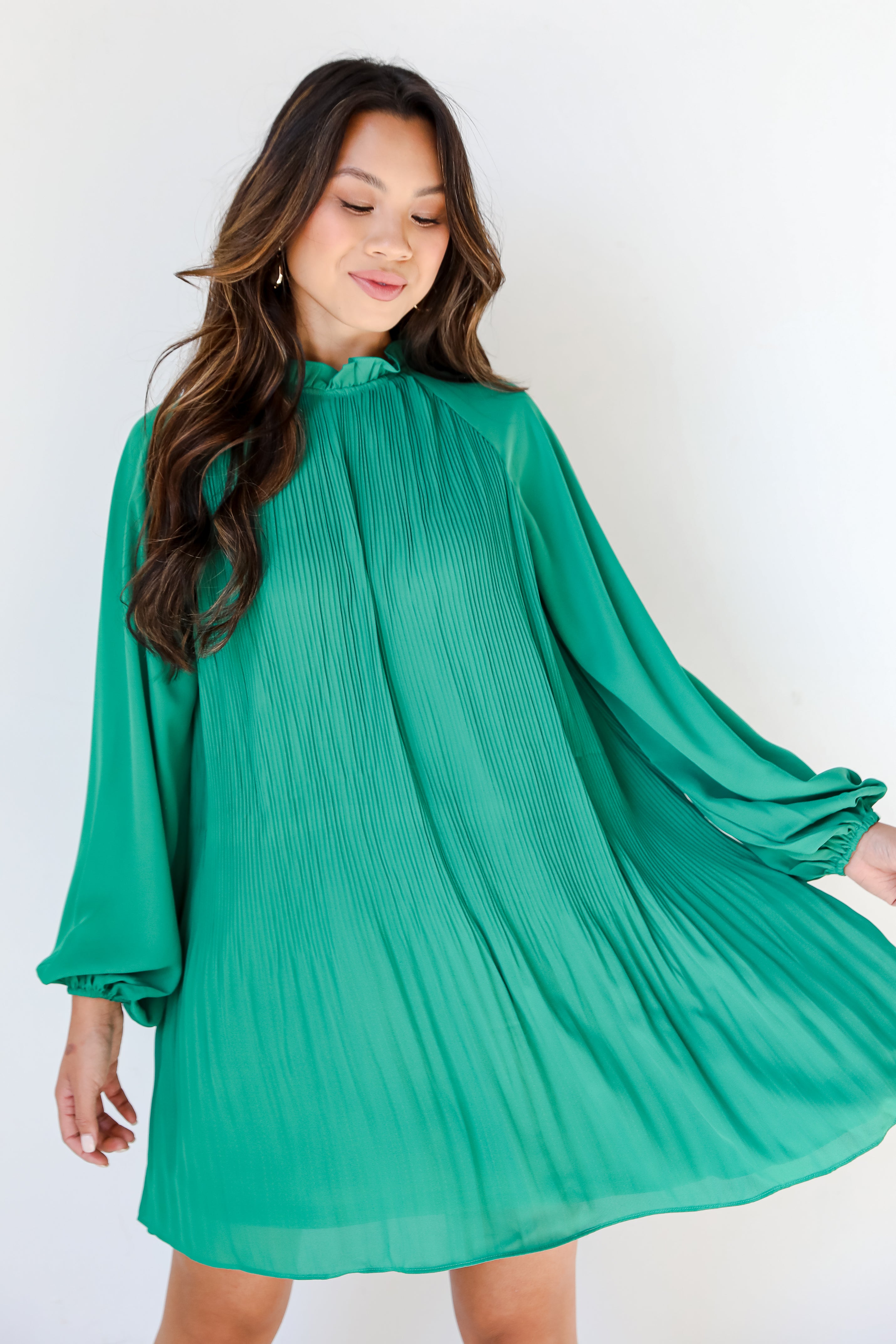 kelly green Pleated Mini Dress front view