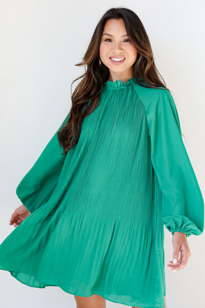 green Pleated Mini Dress on dress up model