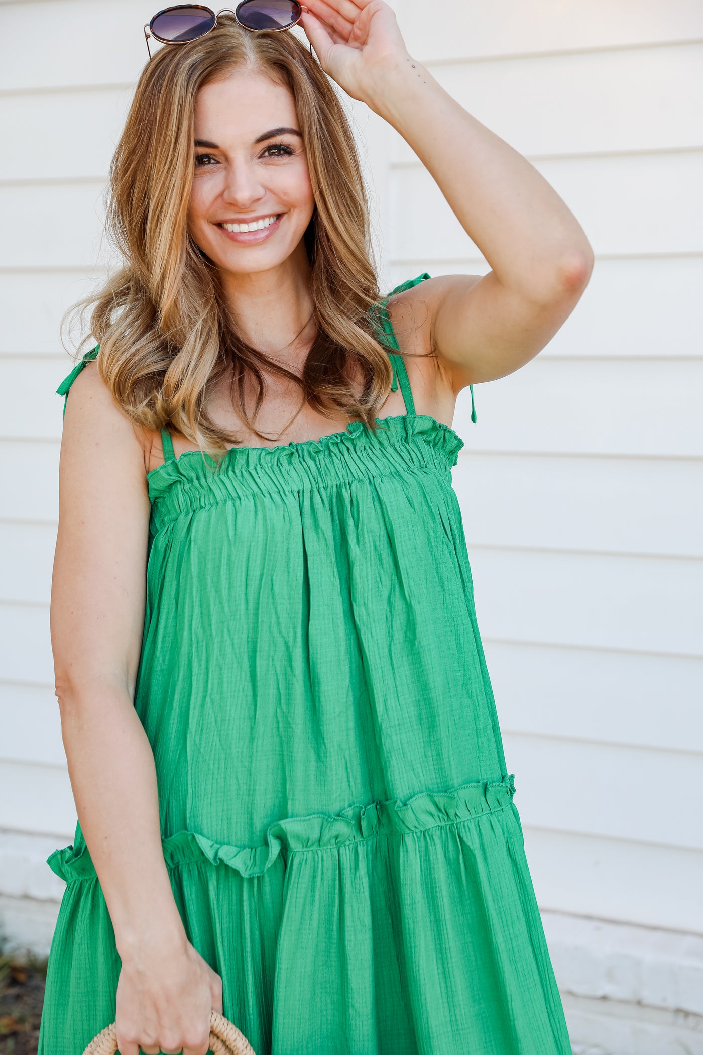 Tiered Maxi Dress in green close up