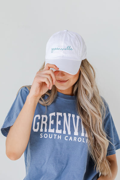 Greenville Script Embroidered Hat in white on model