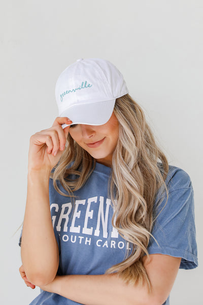 Greenville Script Embroidered Hat in white on model