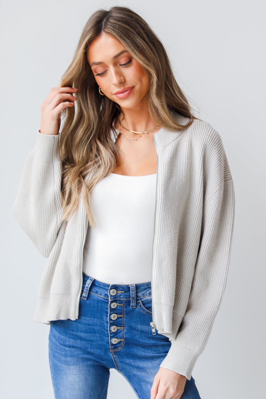 Ribbed Knit Zip-Up Jacket on model