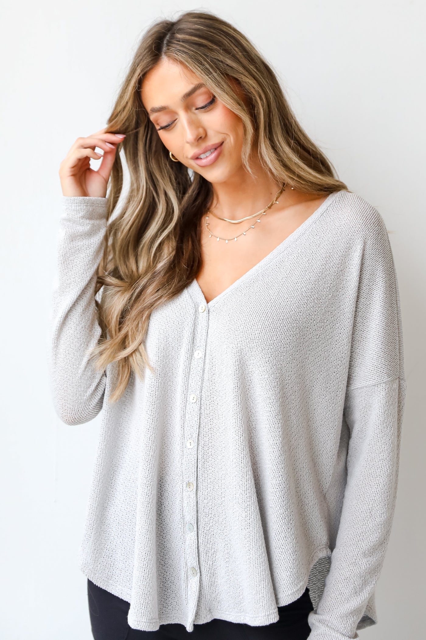 grey Button-Front Knit Top on model
