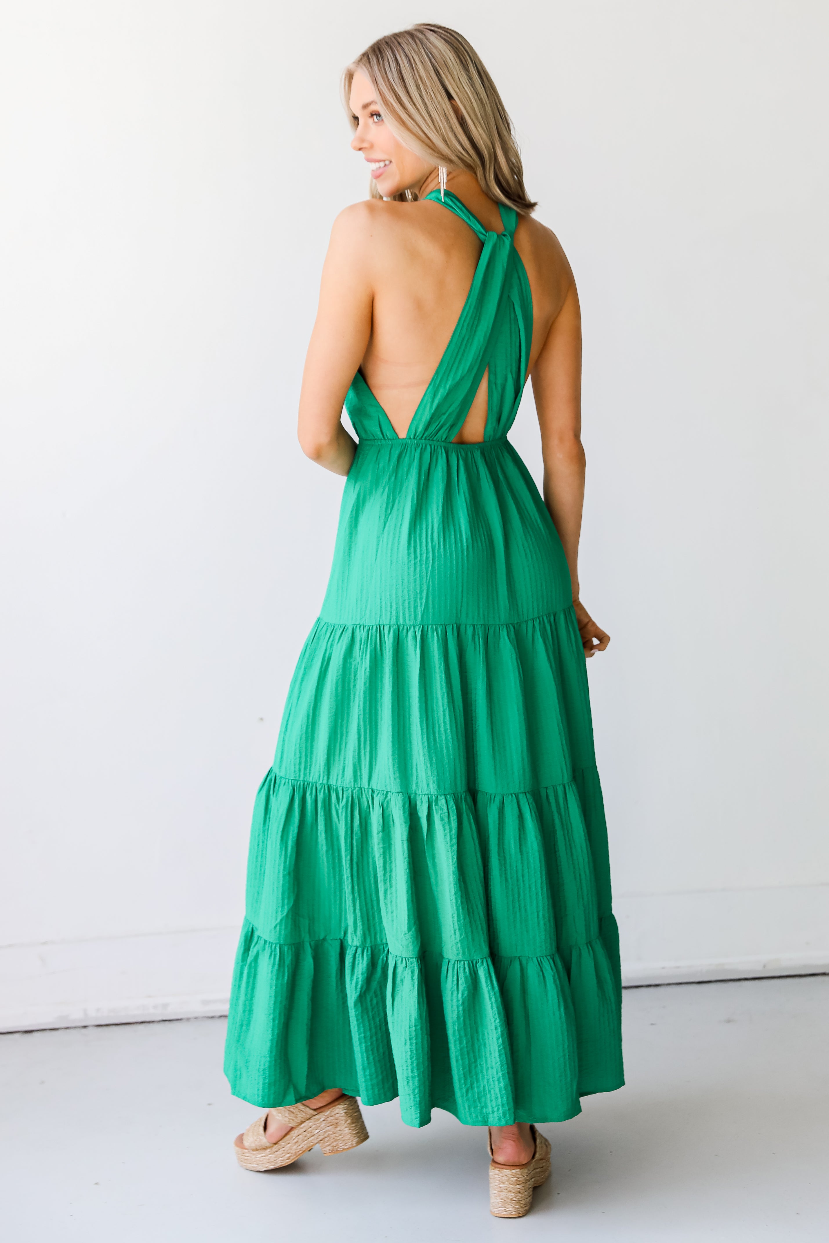 green Halter Maxi Dress back view