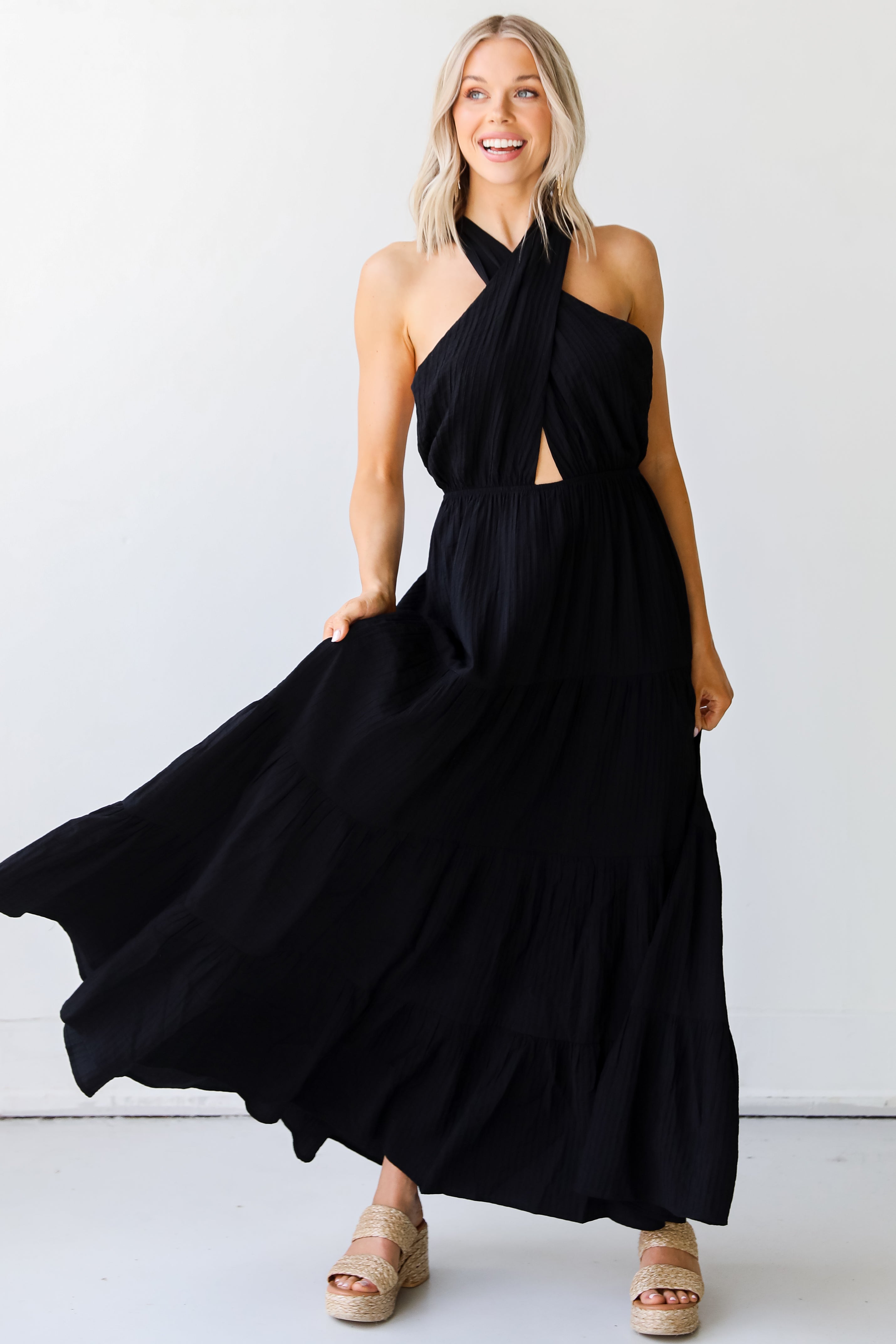 black Halter Maxi Dress on model