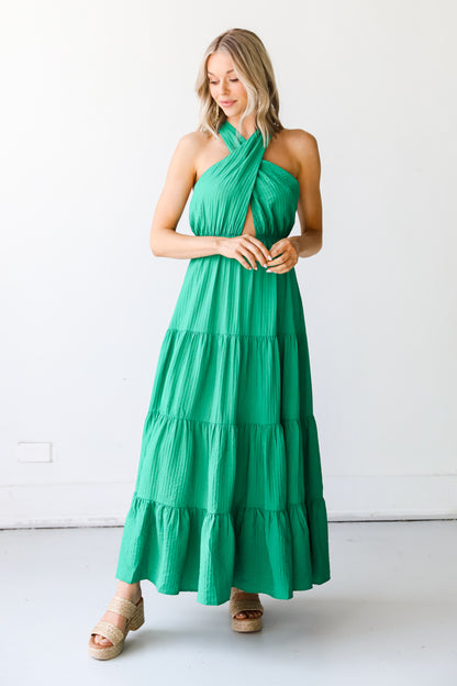green Halter Maxi Dress on model