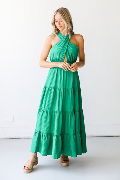 green Halter Maxi Dress on model