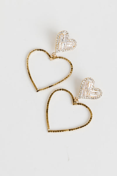 Gold Rhinestone Heart Drop Earrings flat lay