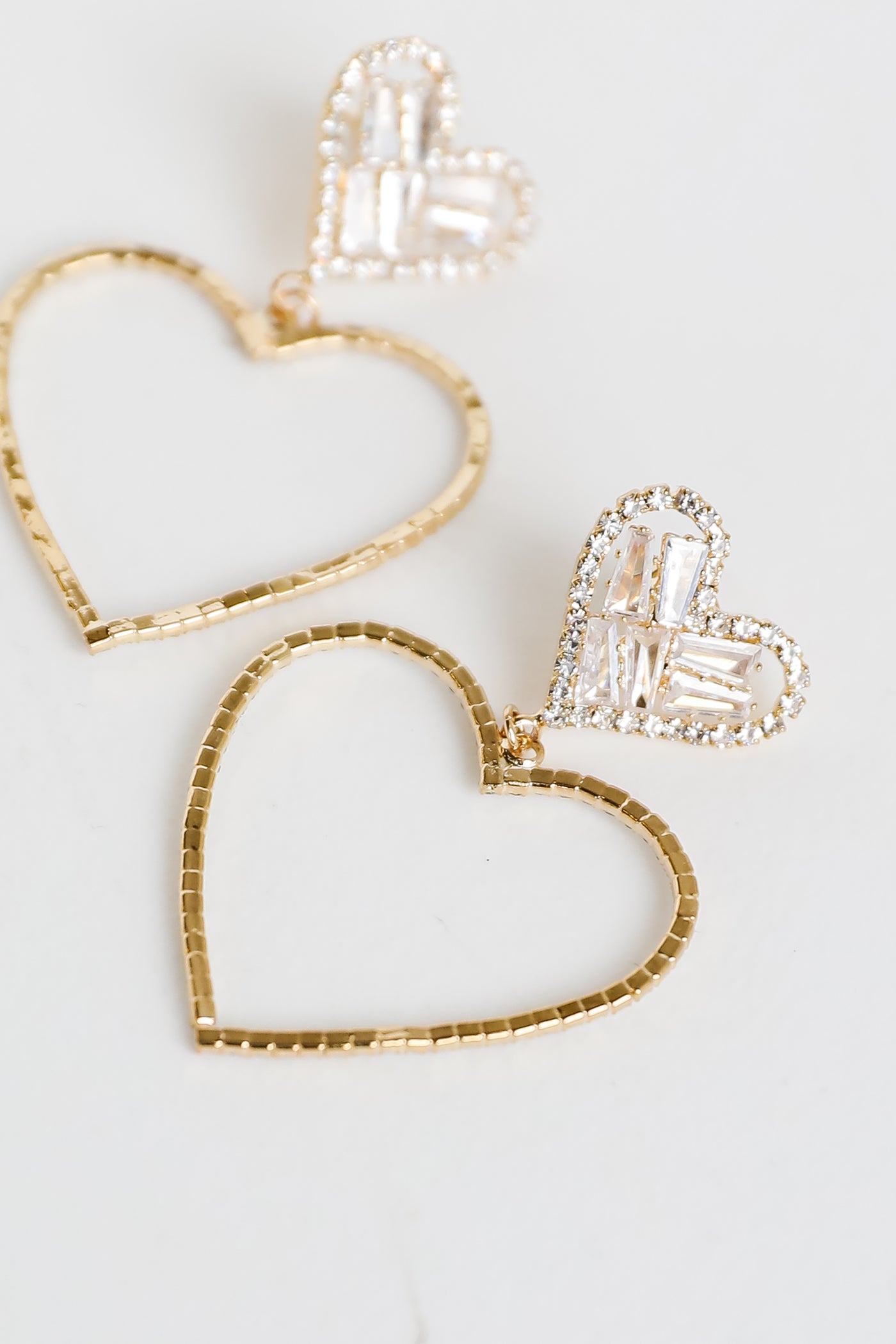 Gold Rhinestone Heart Drop Earrings close up