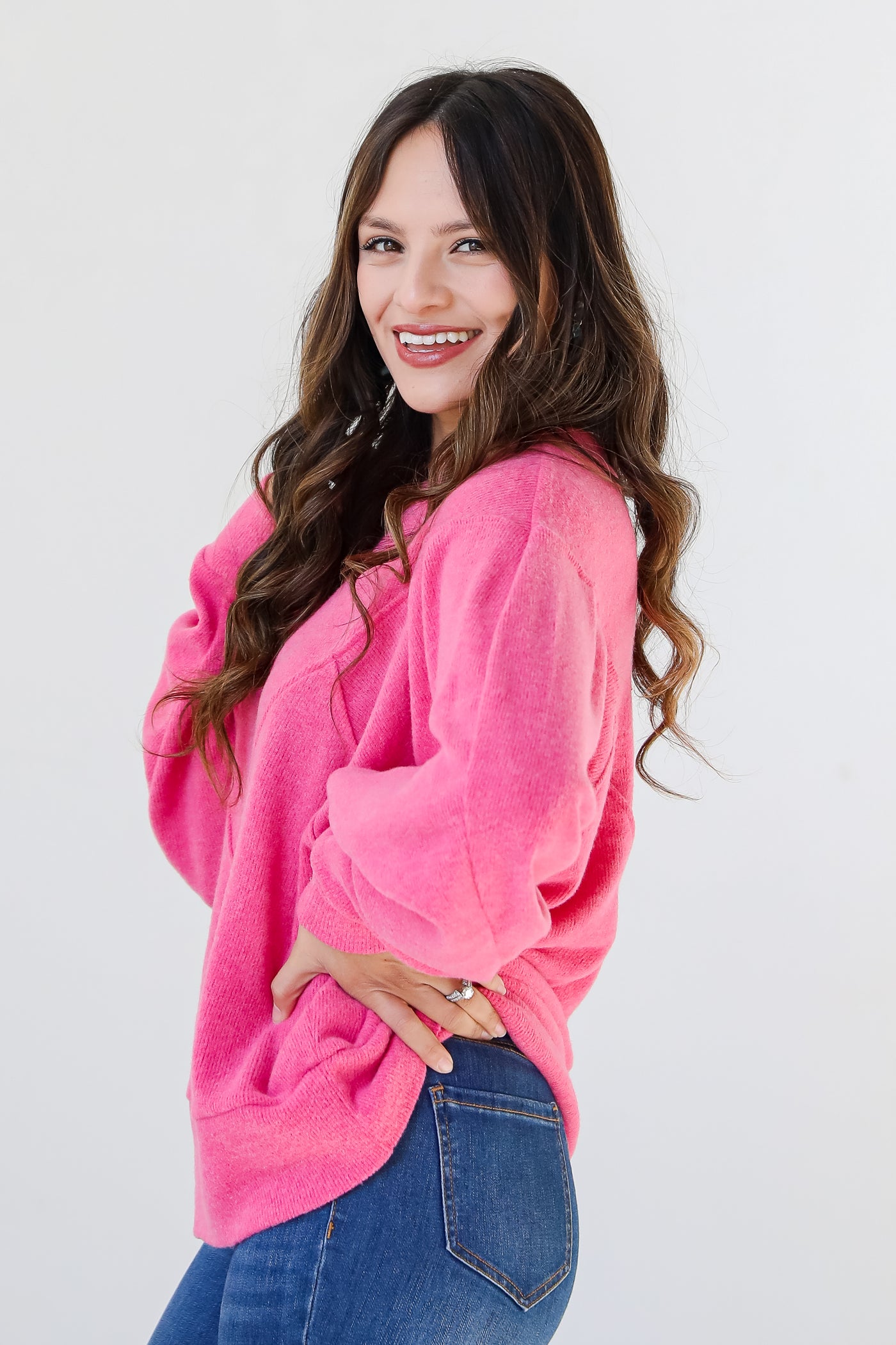 hot pink Brushed Knit Top side view