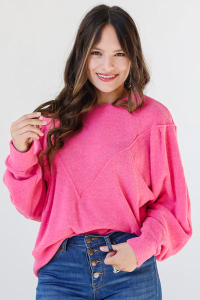 hot pink Brushed Knit Top front view