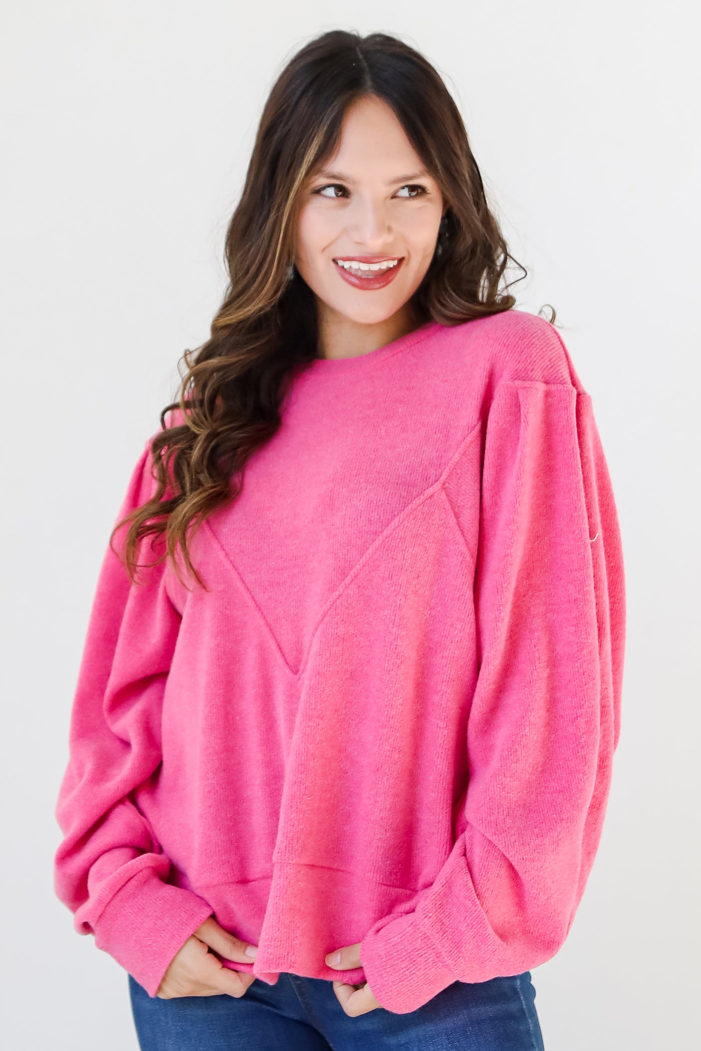 hot pink Brushed Knit Top on model