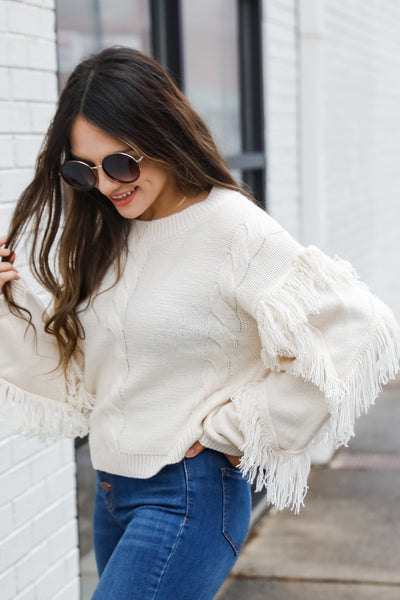 Fringe Cable Knit Sweater on model
