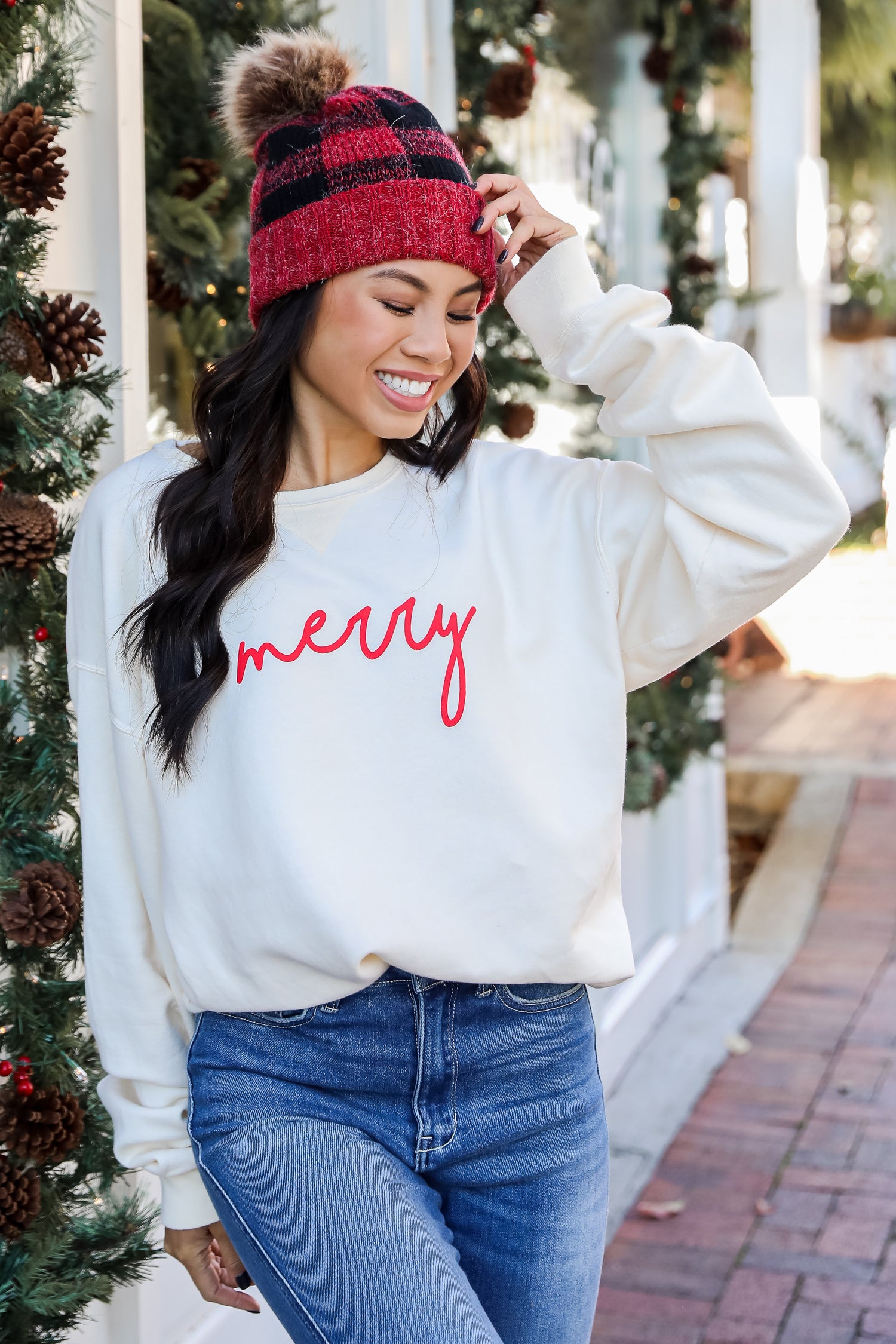 Ivory Merry Pullover. Graphic Christmas Sweatshirt. Trendy Christmas Sweatshirt