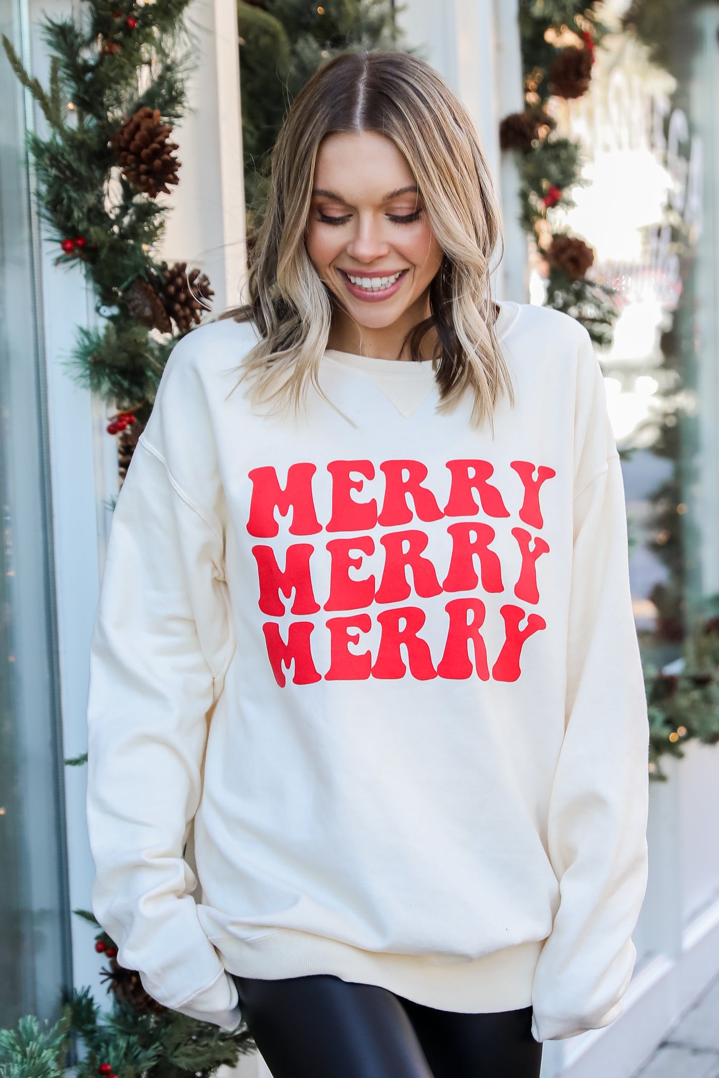 Ivory Merry Merry Merry Pullover on model