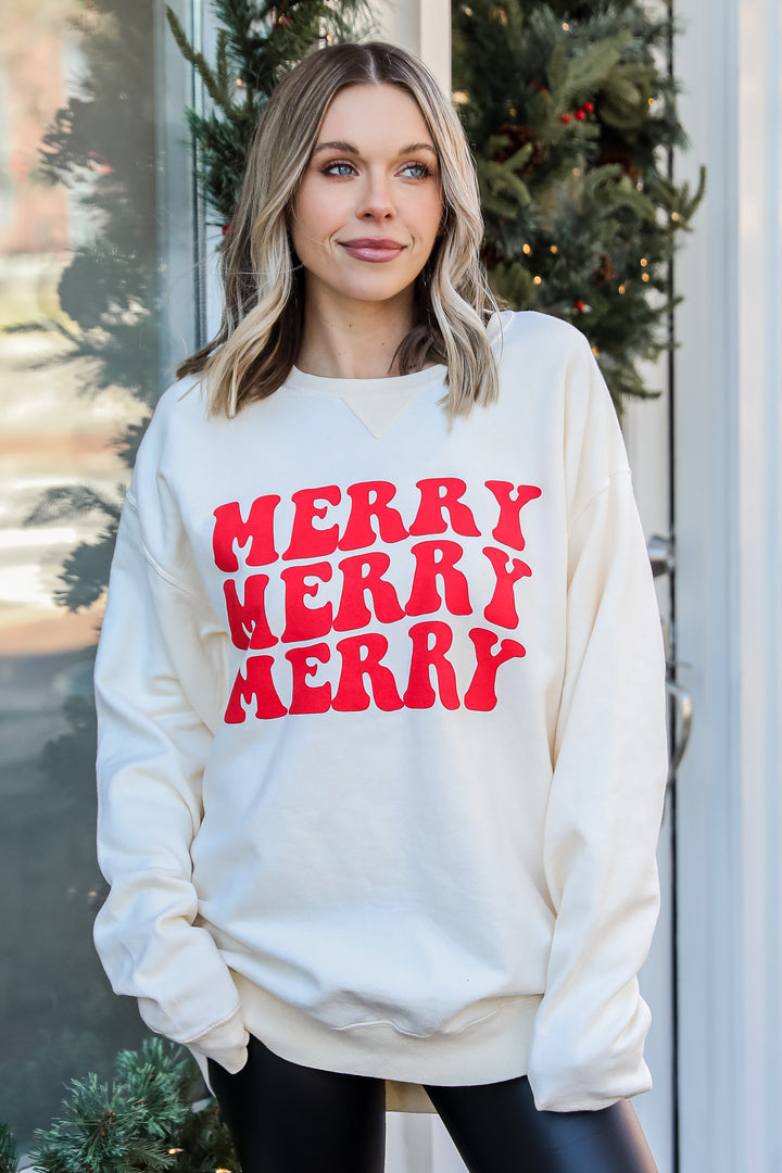 Ivory Merry Merry Merry Pullover. Graphic Christmas Sweatshirt. Oversized Sweatshirt for Christmas 