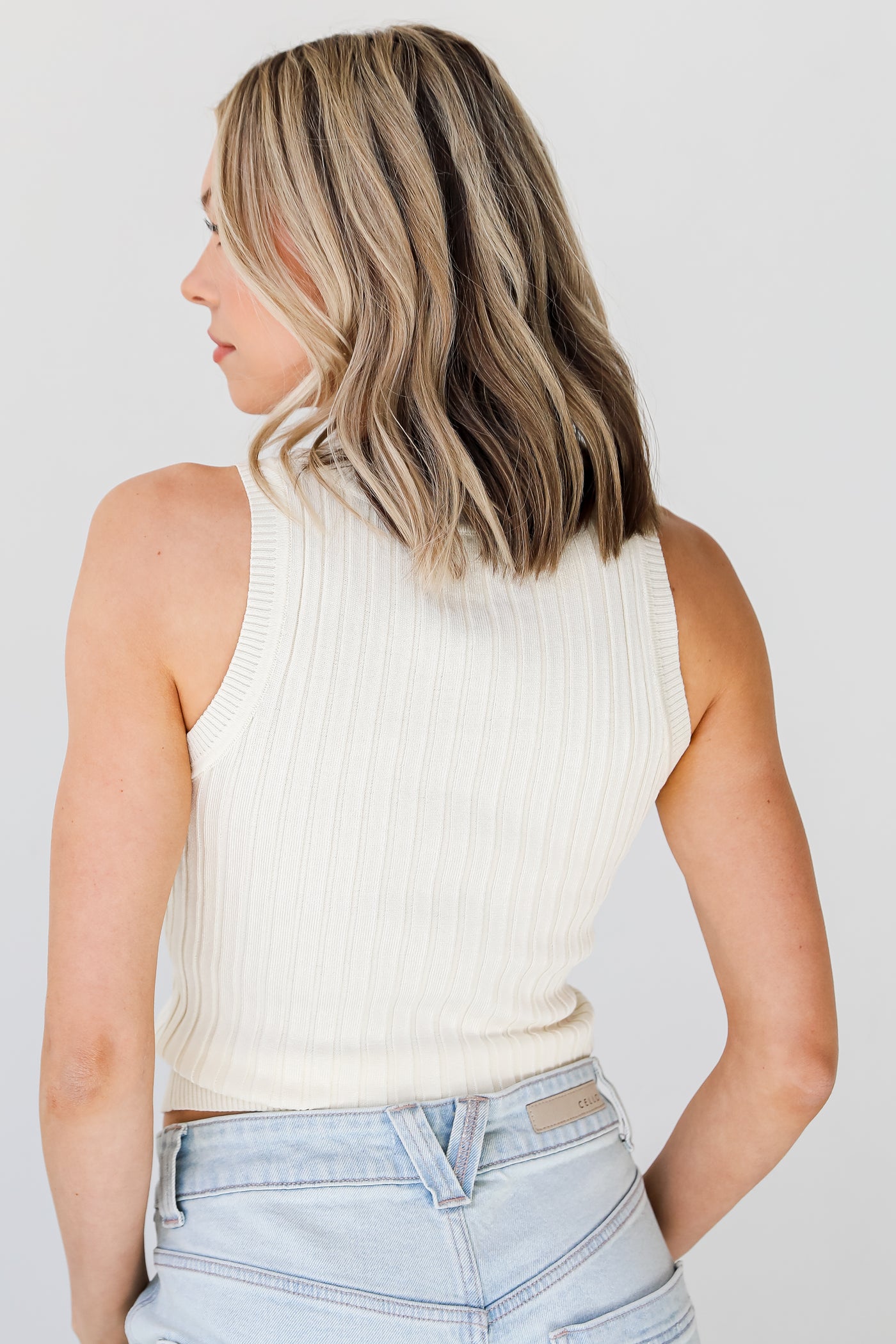 cream Ribbed Knit Tank back view