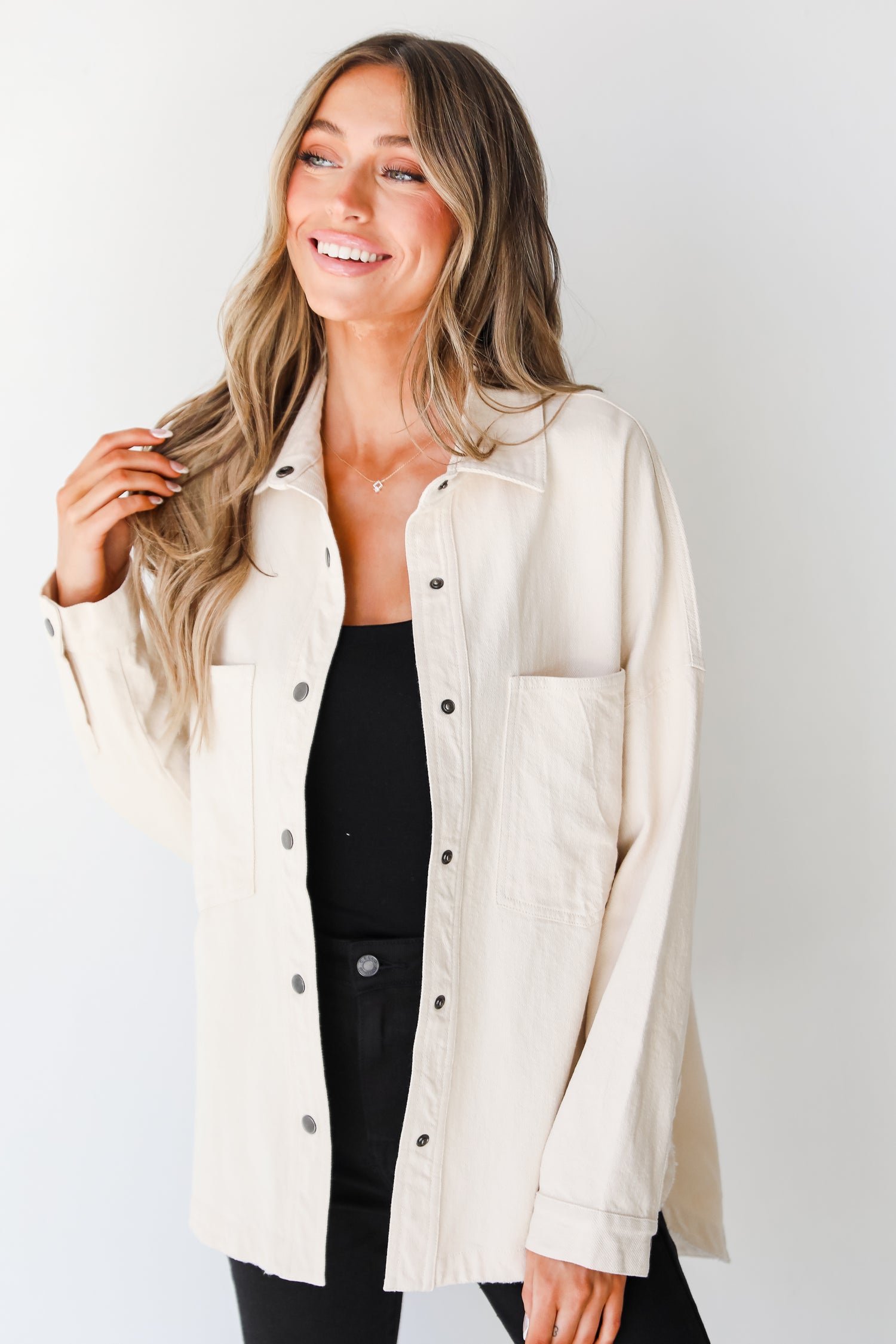 ivory denim Shacket on model