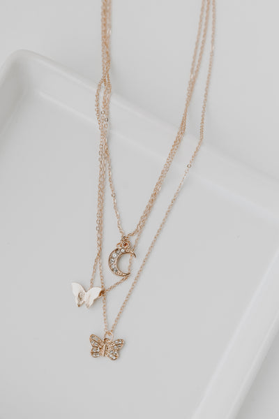 Gold Butterfly + Moon Layered Necklace from dress up