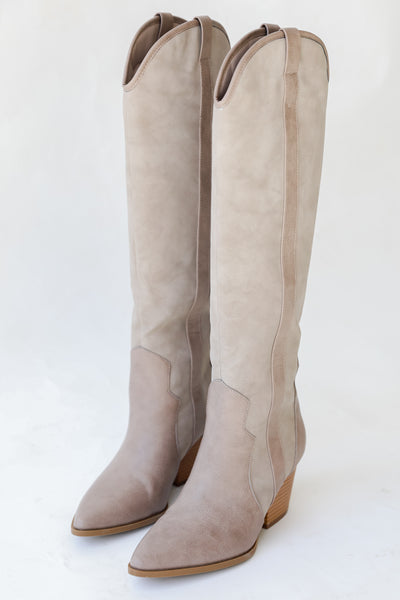 taupe Western Knee High Boots front view