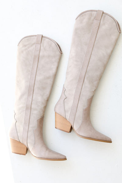 taupe Western Knee High Boots flat lay
